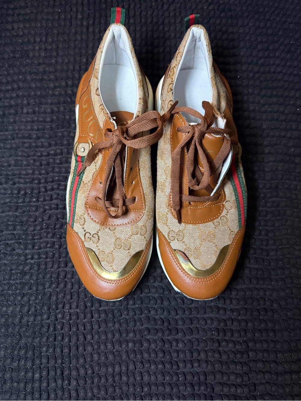 Gucci Brown & Beige GG Canvas Kids Lace-Up Sneakers with Red-Green Web - Picture 3 of 4